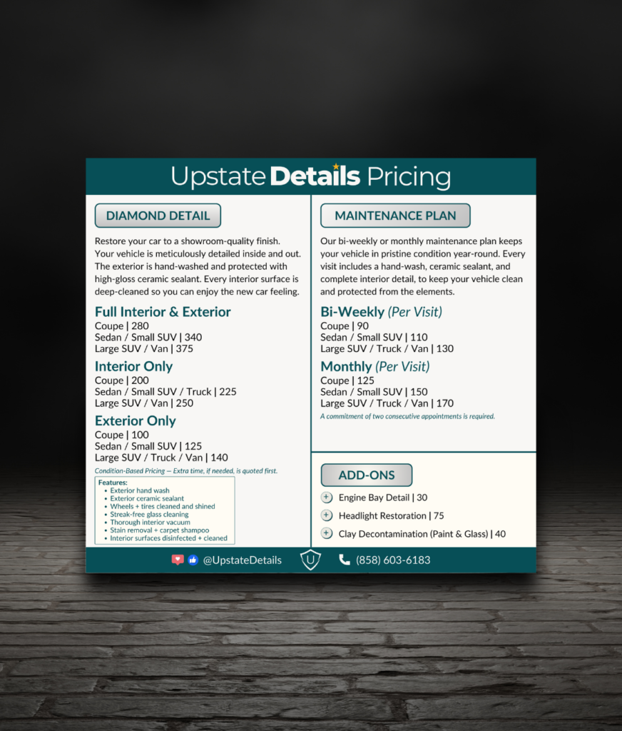 Car Detailing Service Menu Example